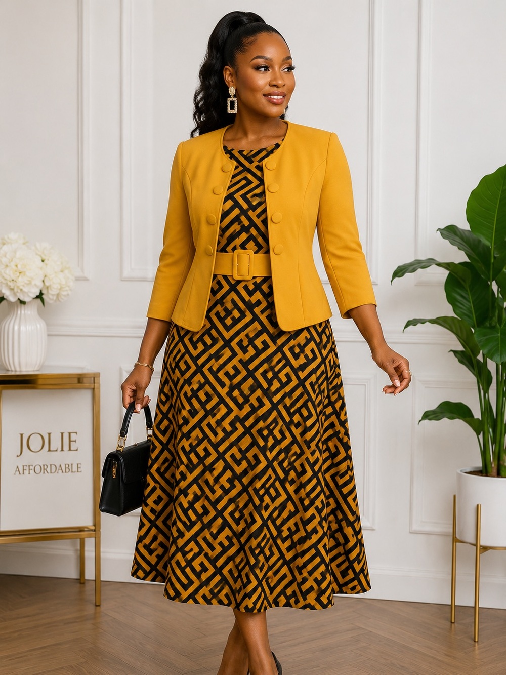Elegant Mustard Geometric Midi Skirt - Women